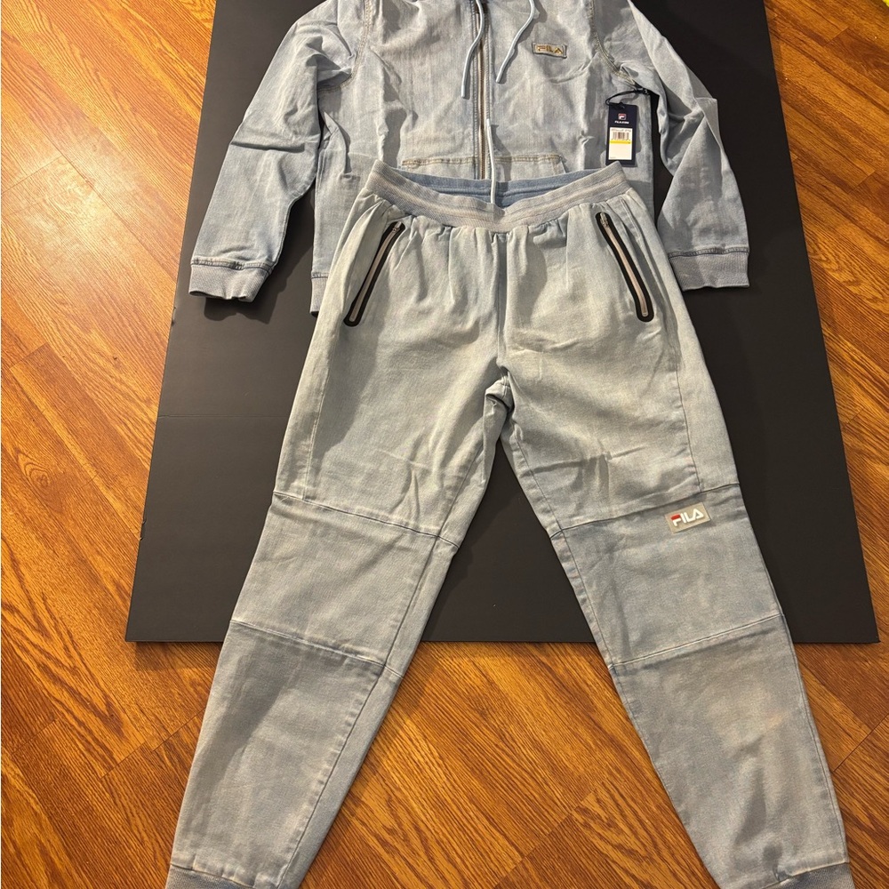 Men's Fila Sandblast Full Zip Hooded Denim Jacket & Pants Size Medium